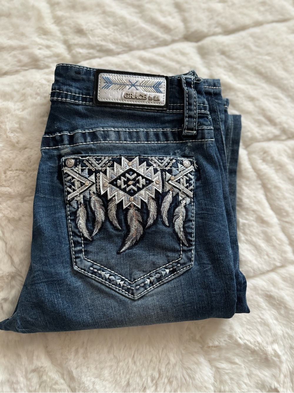 Grace in LA Aztec Embroidered Bootcut Western Cowgirl Jeans🤍🪶🐴SIZE 29